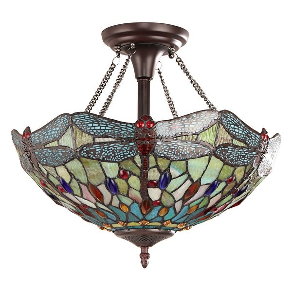 Tiffany-Style Dragonfly Design 2-light Dark Bronze Semi-Flush Mount -