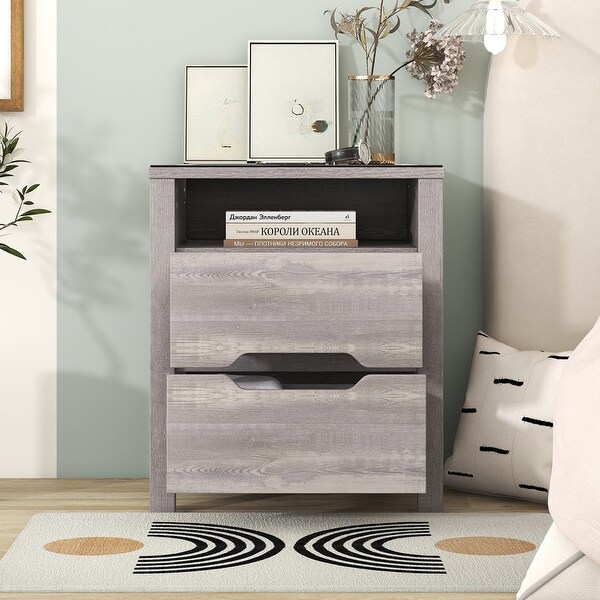 Nightstand with Wireless Charging Station and LED Lights, Modern End S