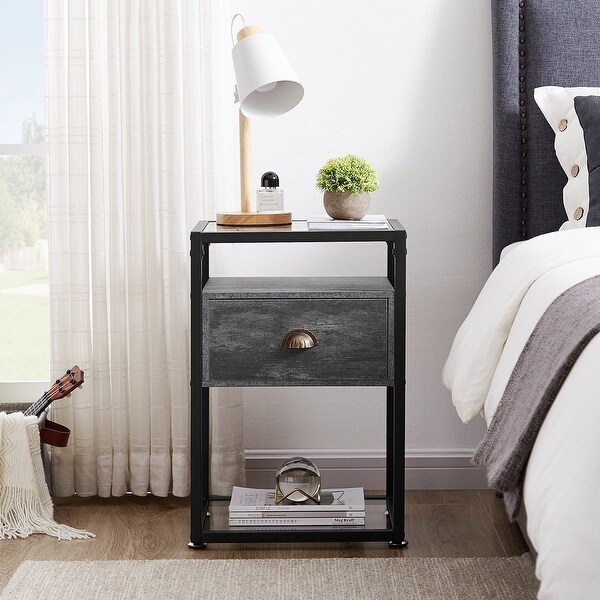 Javlergo Modern Tempered Glass Nightstand with 1-Drawer and Storage Sh