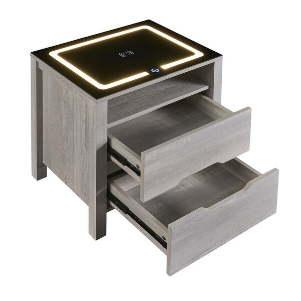 Nightstand with Wireless Charging Station and LED Lights, Modern End S