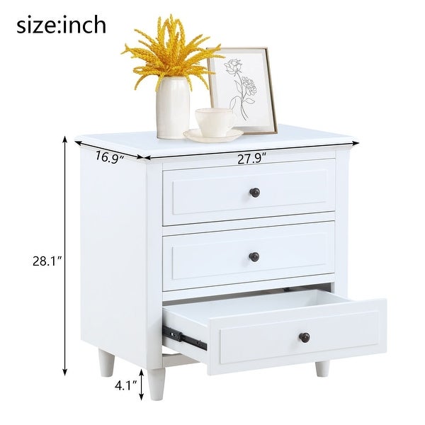 Modern Vintage 3 Drawer Wood Nightstand, White Wood Bedside Table, Sid