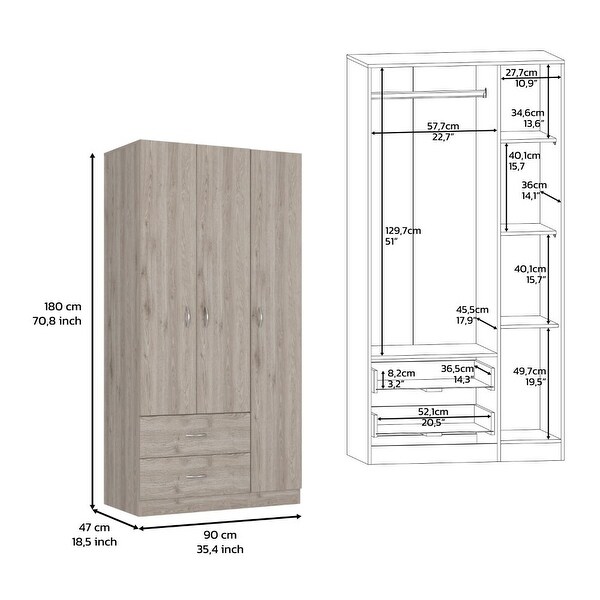 Bosko 3 Doors Armoire, 2 Drawers, 4 Shelves, Metal Rod - - 34518435