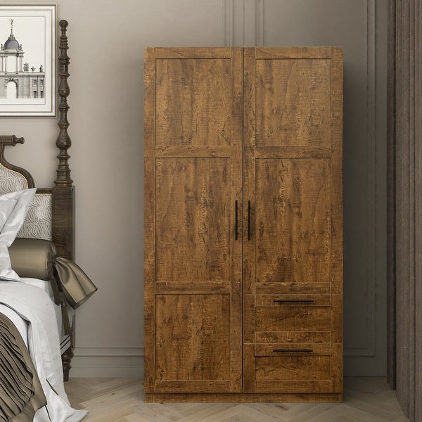 Clihome 40in. Wooden High Wardrobe with 2 Drawers and 5 Storage Spaces