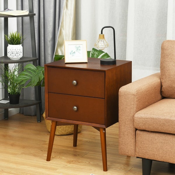 Nightstand Mid-Century End Side Table with 2 Drawers and Rubber Wood L