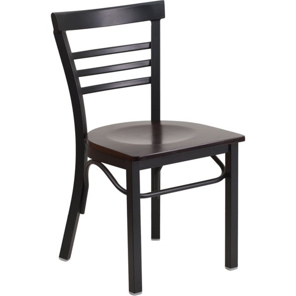 Offex Black Ladder Back Metal Restaurant Chair with Walnut Wood Seat [