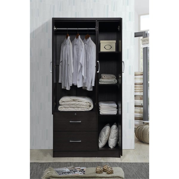 Hodedah Import 3 Door Armoire with Clothing Rod, Shelves, & 2 Drawers,