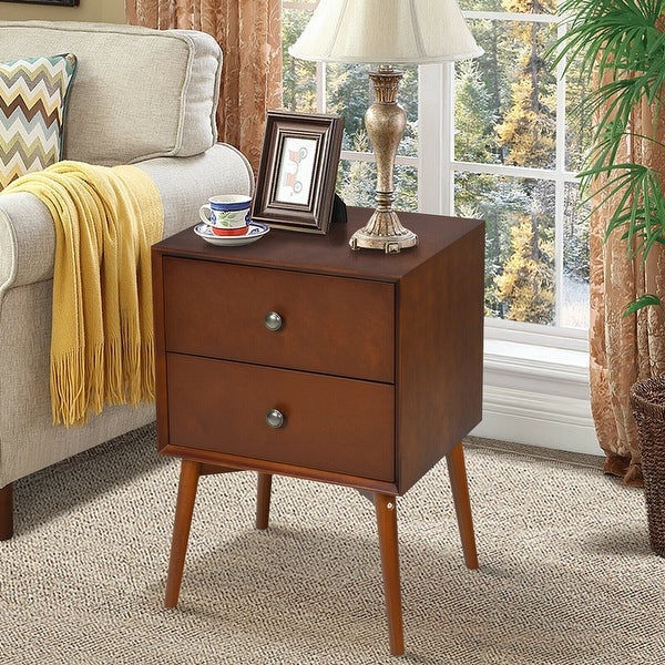 Nightstand Mid-Century End Side Table with 2 Drawers and Rubber Wood L