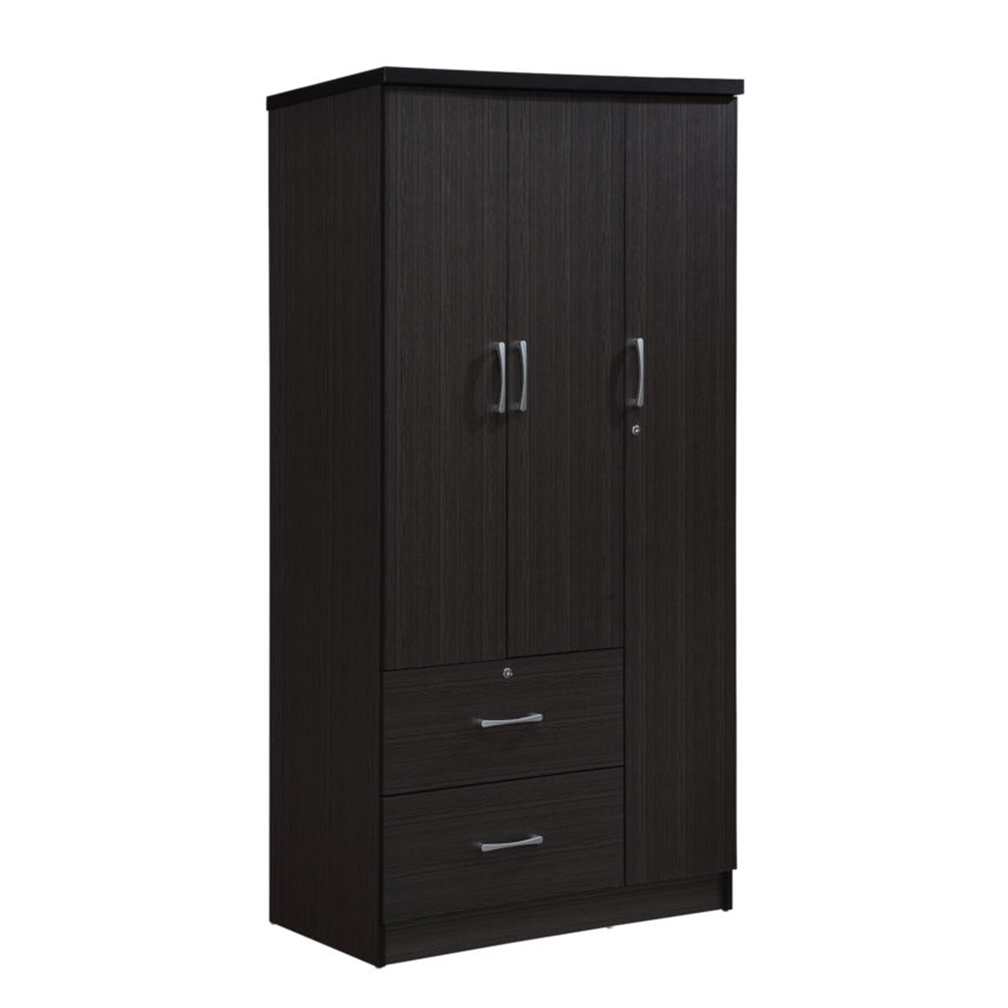 Hodedah Import 3 Door Armoire with Clothing Rod, Shelves, & 2 Drawers,