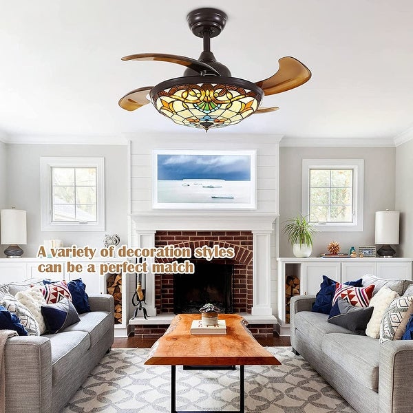 36'' Retractable Tiffany Ceiling Fan with Light and Remote Reversible