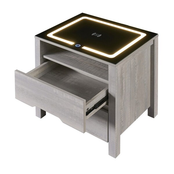 Nightstand with Wireless Charging Station and LED Lights, Modern End S