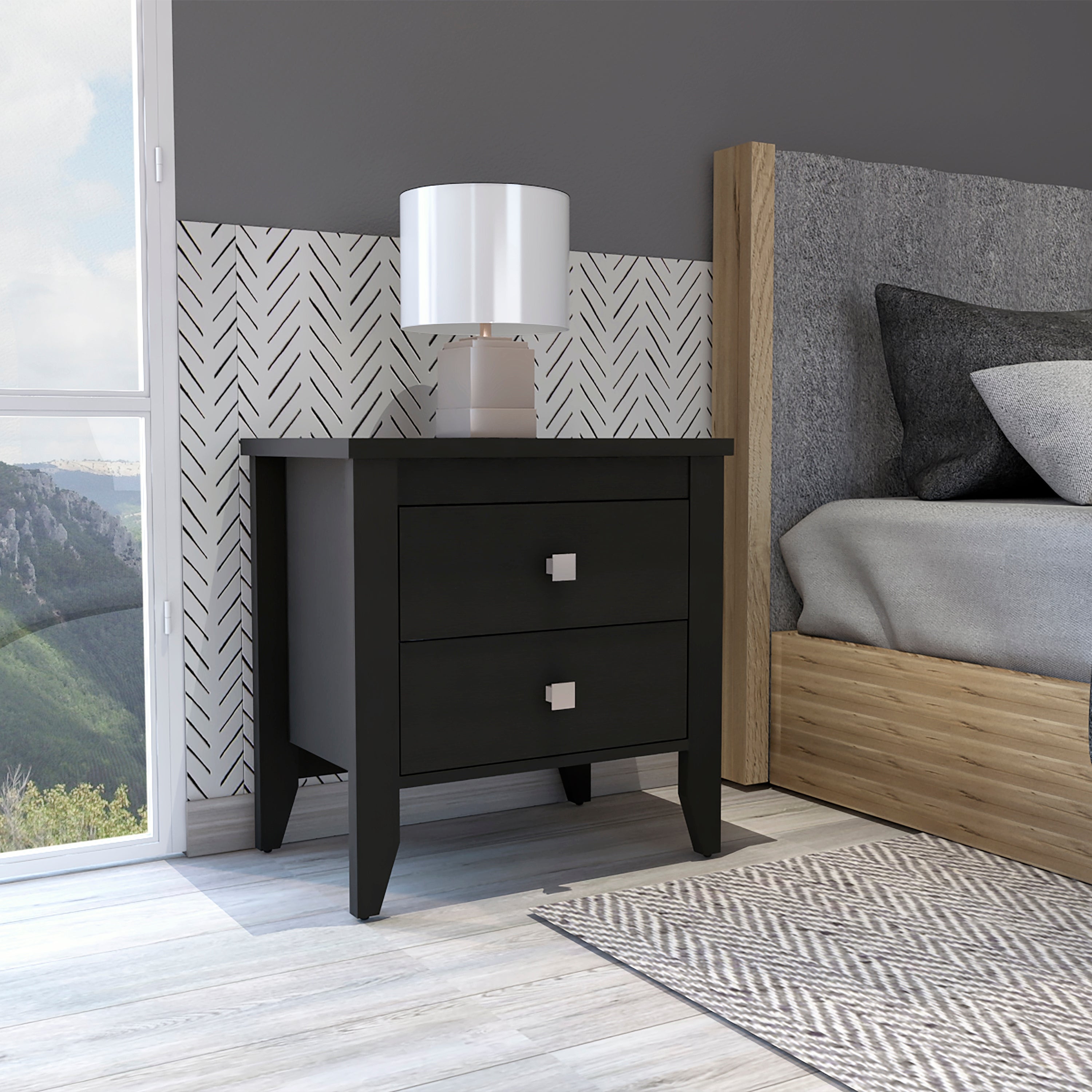 Contemporary Style 2-Drawers 4-Tapered Legs Bedside Table, Superior To