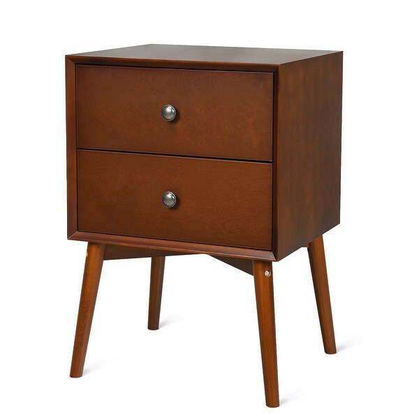 Nightstand Mid-Century End Side Table with 2 Drawers and Rubber Wood L