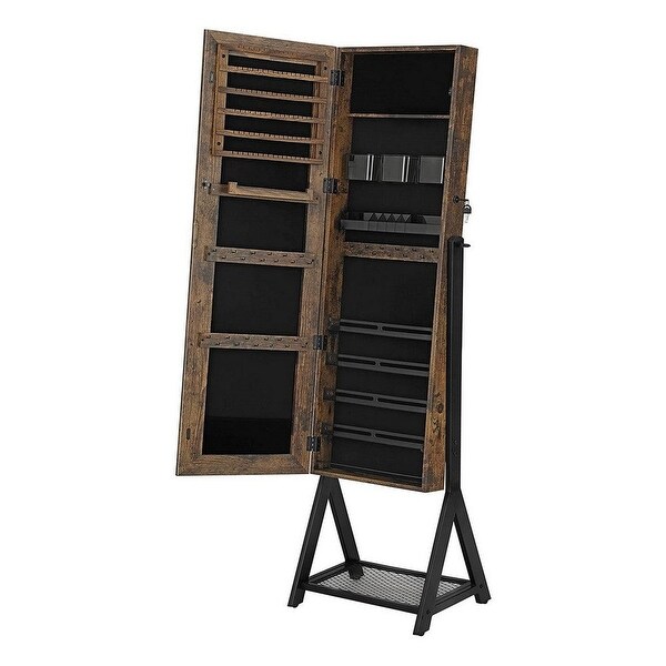 Max 60 Inch Wood Jewelry Cabinet, Floor Mirror, Mesh Shelf, Rustic Bro