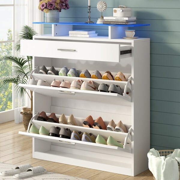 Shoe Cabinet with 2-Flip Drawers, Tempered Glass Top Shoe Storage Cabi