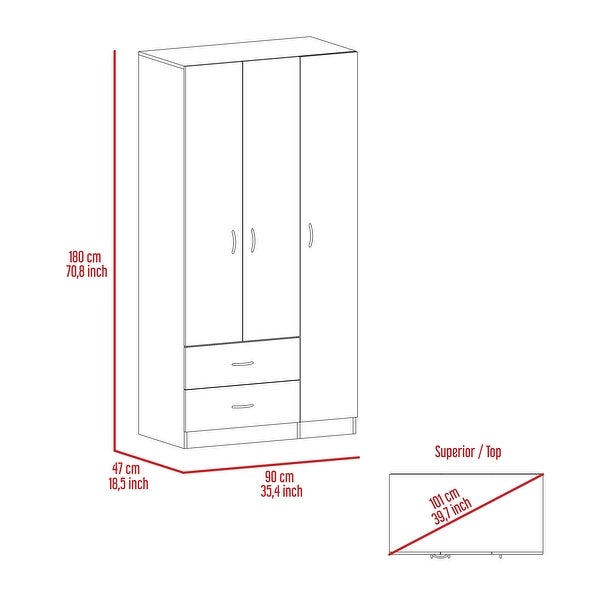 TUHOME Austral 3 Door Armoire with Drawers, Shelves, and Hanging Rod -