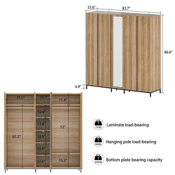 Spacious 5 Door Oak Wardrobe with Mirror 82.7W Closet Cabinet Armoire