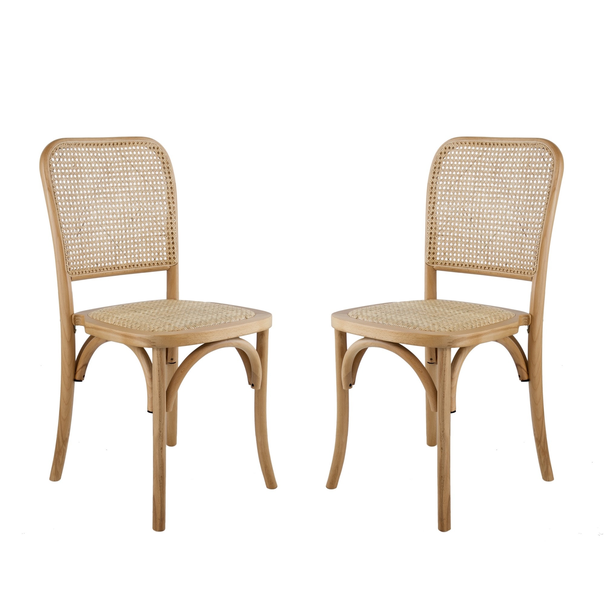 21 Inch Dining Chairs, Rattan Seat, Curved, Stackable, Set of 2, Natur