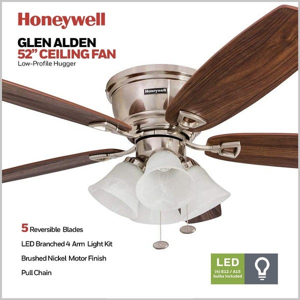 Honeywell Glen Alden Brushed Nickel Hugger Ceiling Fan with 4 Light -