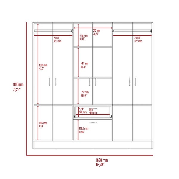 Kibo Six Door Modern Armoire with One Drawer, Rod, Seven Interior Shel