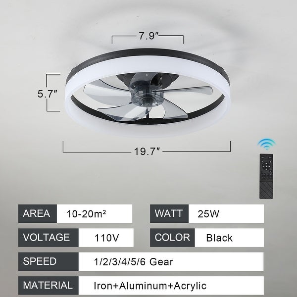 Oaks Aura 20in. Modern Low Profile Ceiling Fan with Light, Black Flush