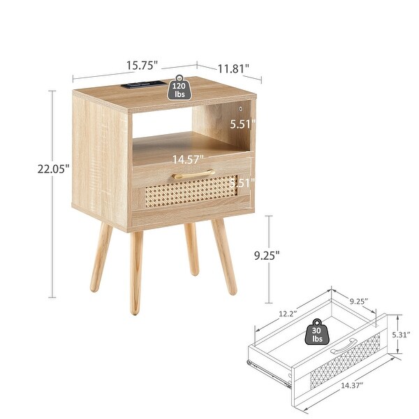 Nightstand Rattan End Table With Outlet USB Ports And drawer - - 37454