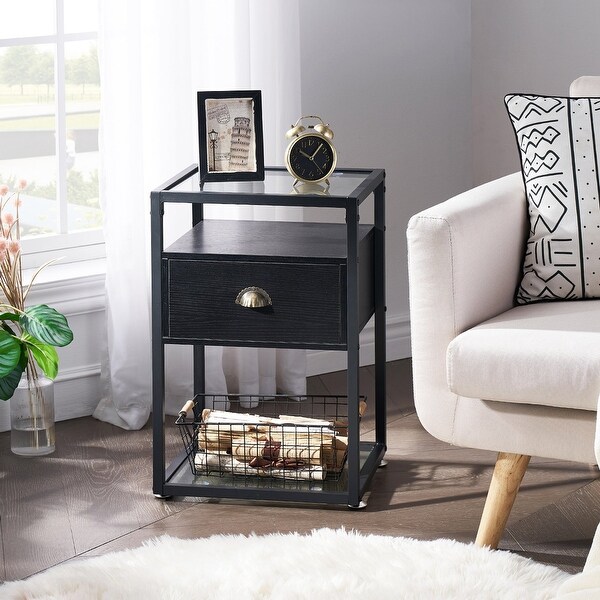 Javlergo Modern Tempered Glass Nightstand with 1-Drawer and Storage Sh