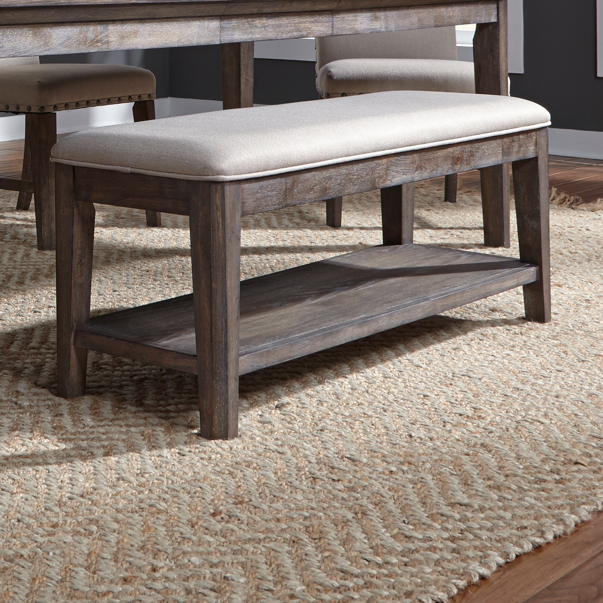 Copper Grove Artisan Prairie Wirebrushed Oak Upholstered Bench - Overs