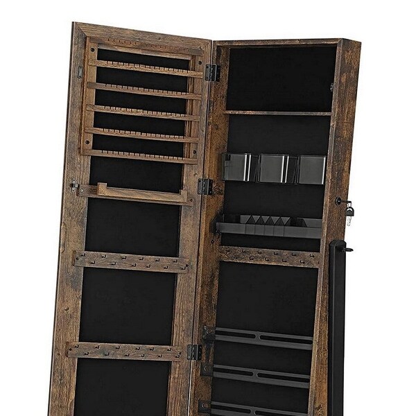 Max 60 Inch Wood Jewelry Cabinet, Floor Mirror, Mesh Shelf, Rustic Bro