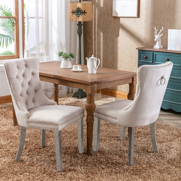 Beige Tufted Solid Wood Velvet Upholstered Dining Chair Set of 2 - Ove