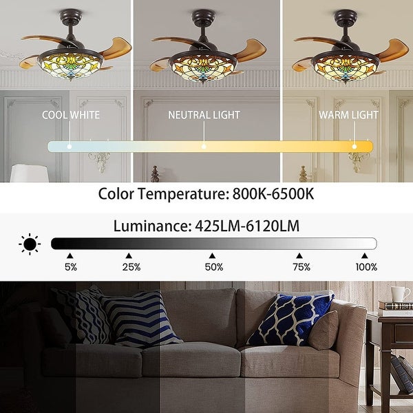 36'' Retractable Tiffany Ceiling Fan with Light and Remote Reversible