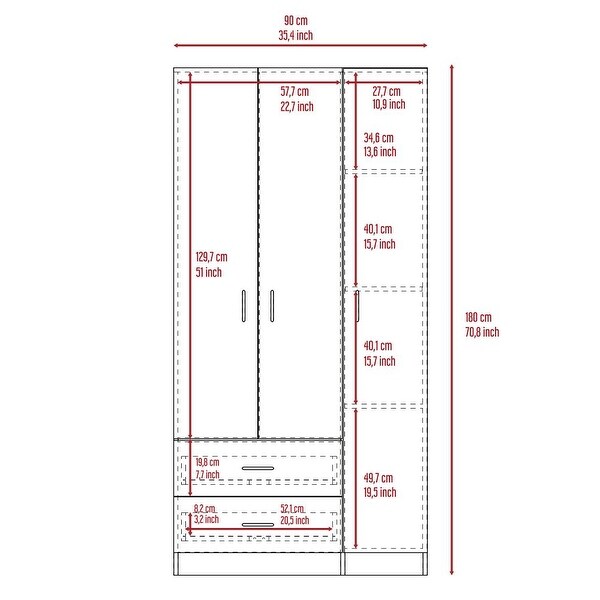 Bosko 3 Doors Armoire, 2 Drawers, 4 Shelves, Metal Rod - - 34518435