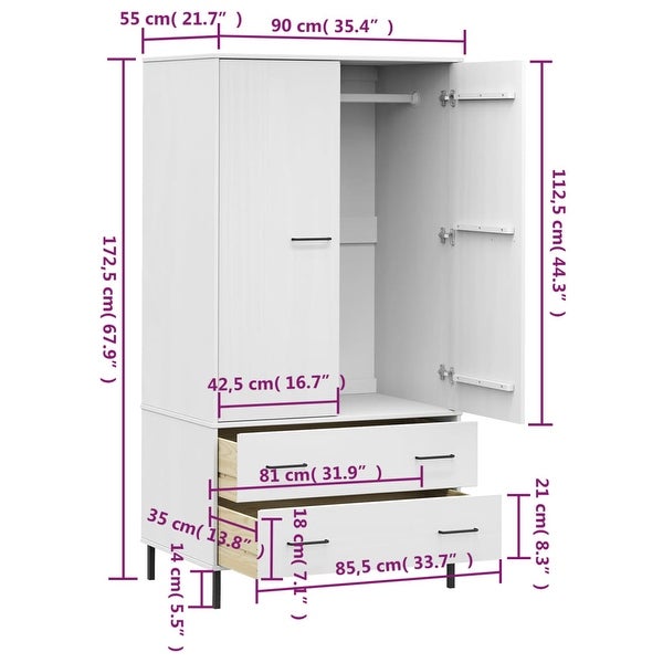 vidaXL Solid Wood Pine Wardrobe with Metal Legs OSLO Armoire Multi Col