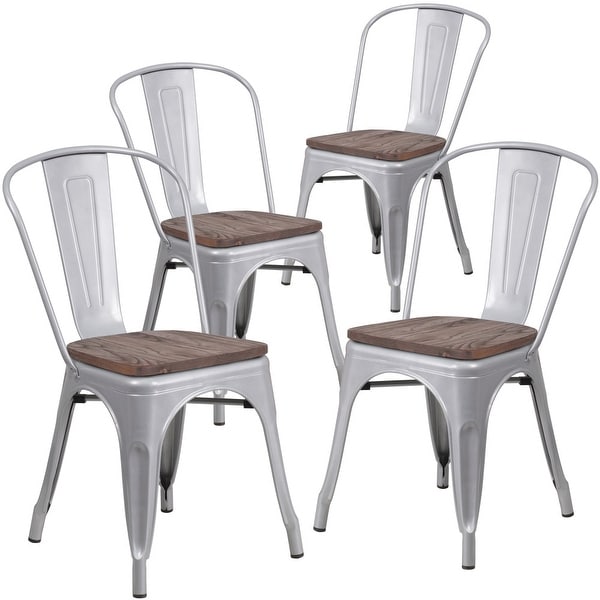 Wood Seat/ Galvanized Steel Stackable Chair (Set of 4) - 18W x 20