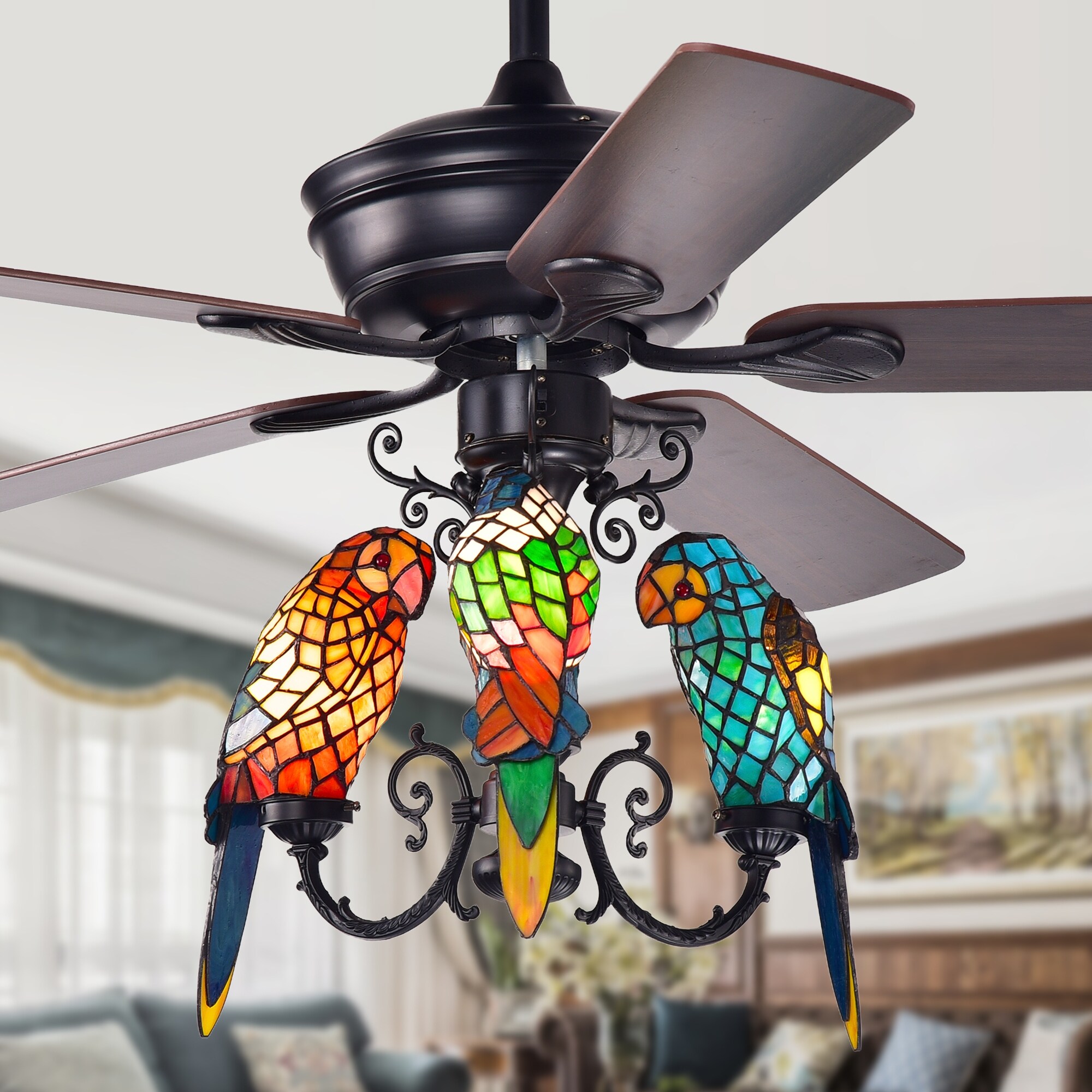 Korubo Lighted Ceiling Fan with Tiffany-style Parrot Shades | Overstoc