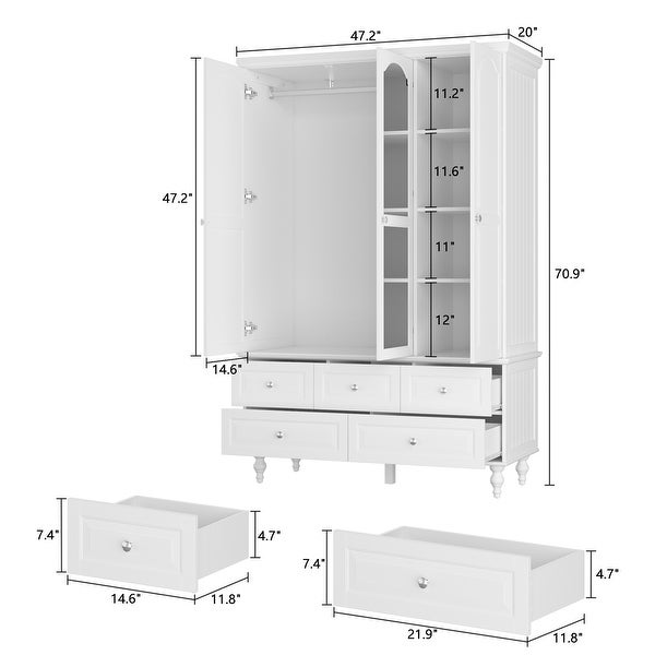 70.9H Lacquered Wardrobe Armoires Wooden Closet with Mirror Door - - 3