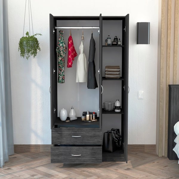 TUHOME Austral 3 Door Armoire with Drawers, Shelves, and Hanging Rod -