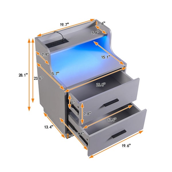 Multifunctional Nightstand with 2 Drawers, Shelf with USB Charging Des