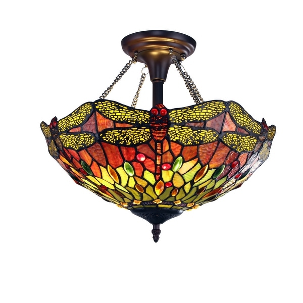 Tiffany Style Dragonfly Design 2-light Dark Bronze Semi-Flush Fixture