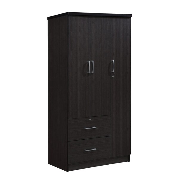 Hodedah Import 3 Door Armoire with Clothing Rod, Shelves, & 2 Drawers,