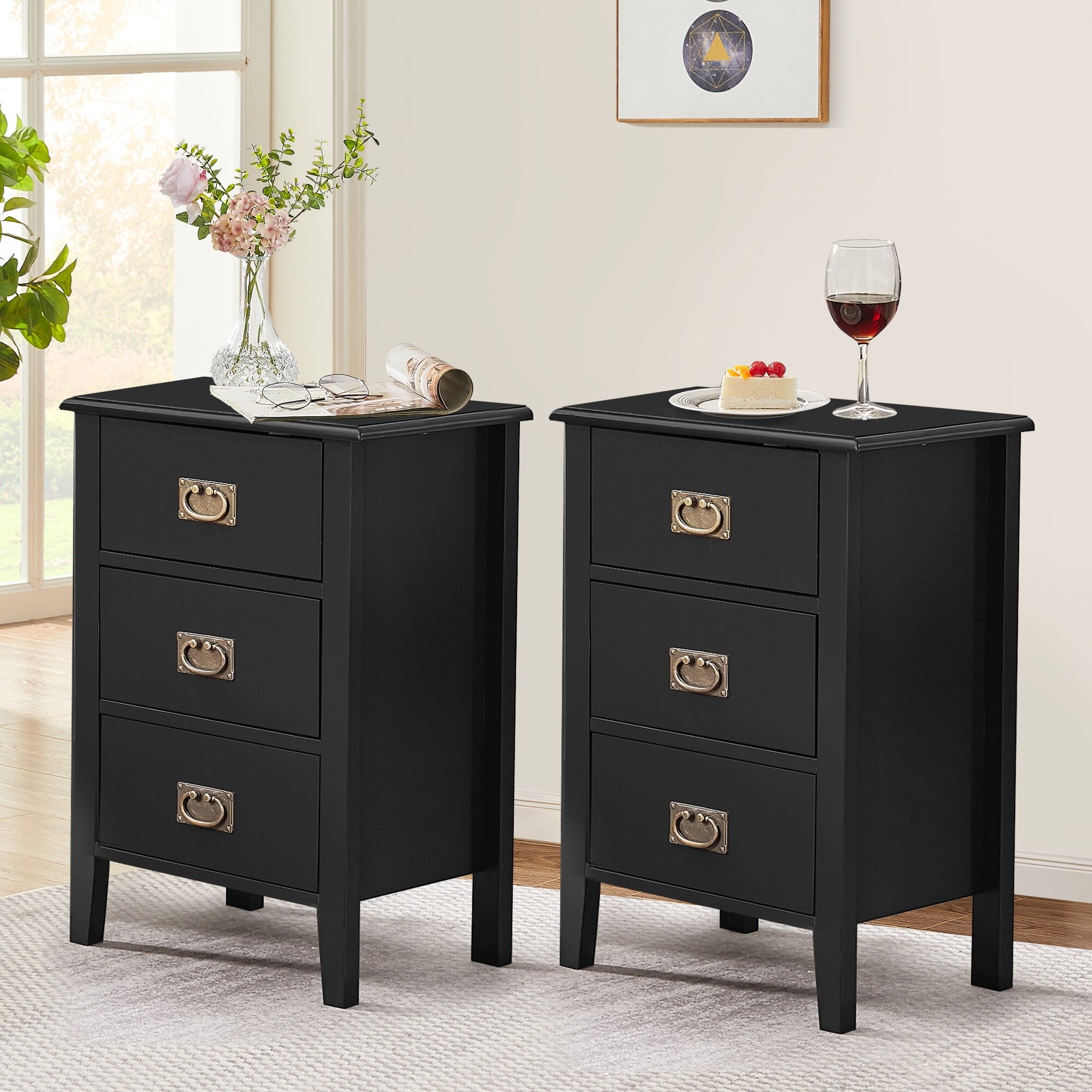 Modern 3-Drawer Wood Nightstands Set of 2 - - 36041255