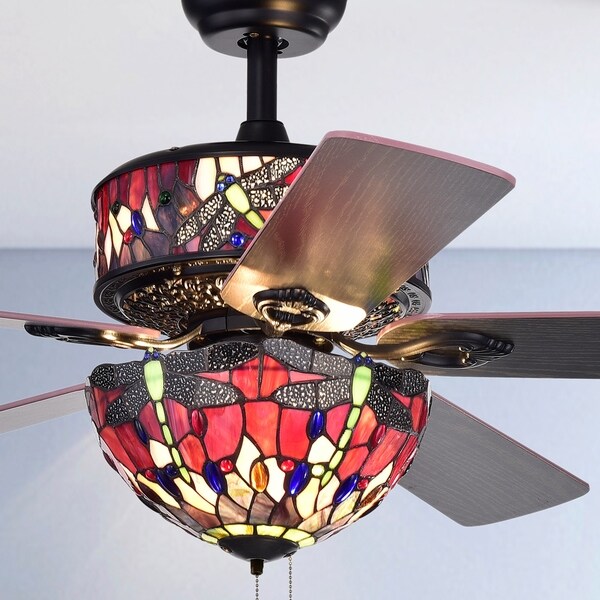 Jalev 6-Light Dragonfly Tiffany 5-Blade 52-Inch Matte Black Ceiling Fa