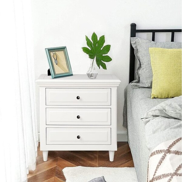 Modern Vintage 3 Drawer Wood Nightstand, White Wood Bedside Table, Sid