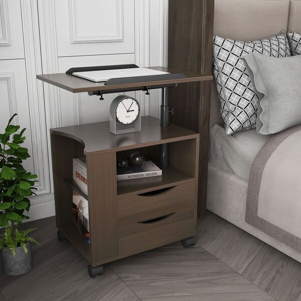 Height Adjustable Overbed End Table Wooden Nightstand with Swivel Top,