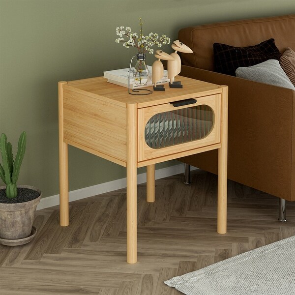 Natural bamboo nightstand, modern end table with 1 translucent drawer