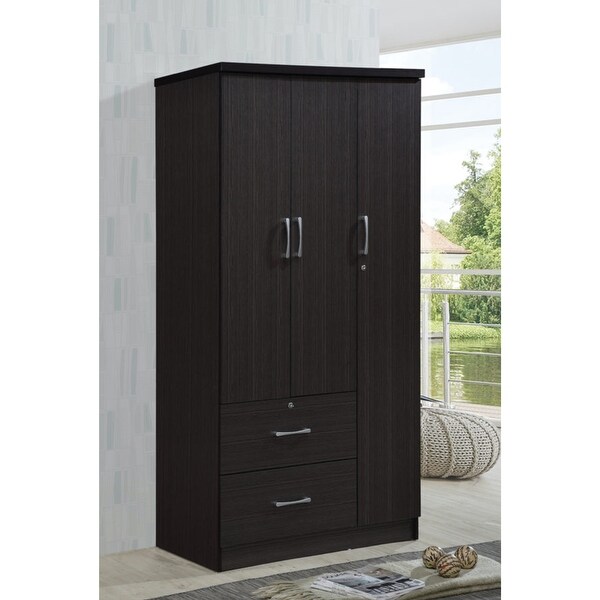 Hodedah Import 3 Door Armoire with Clothing Rod, Shelves, & 2 Drawers,