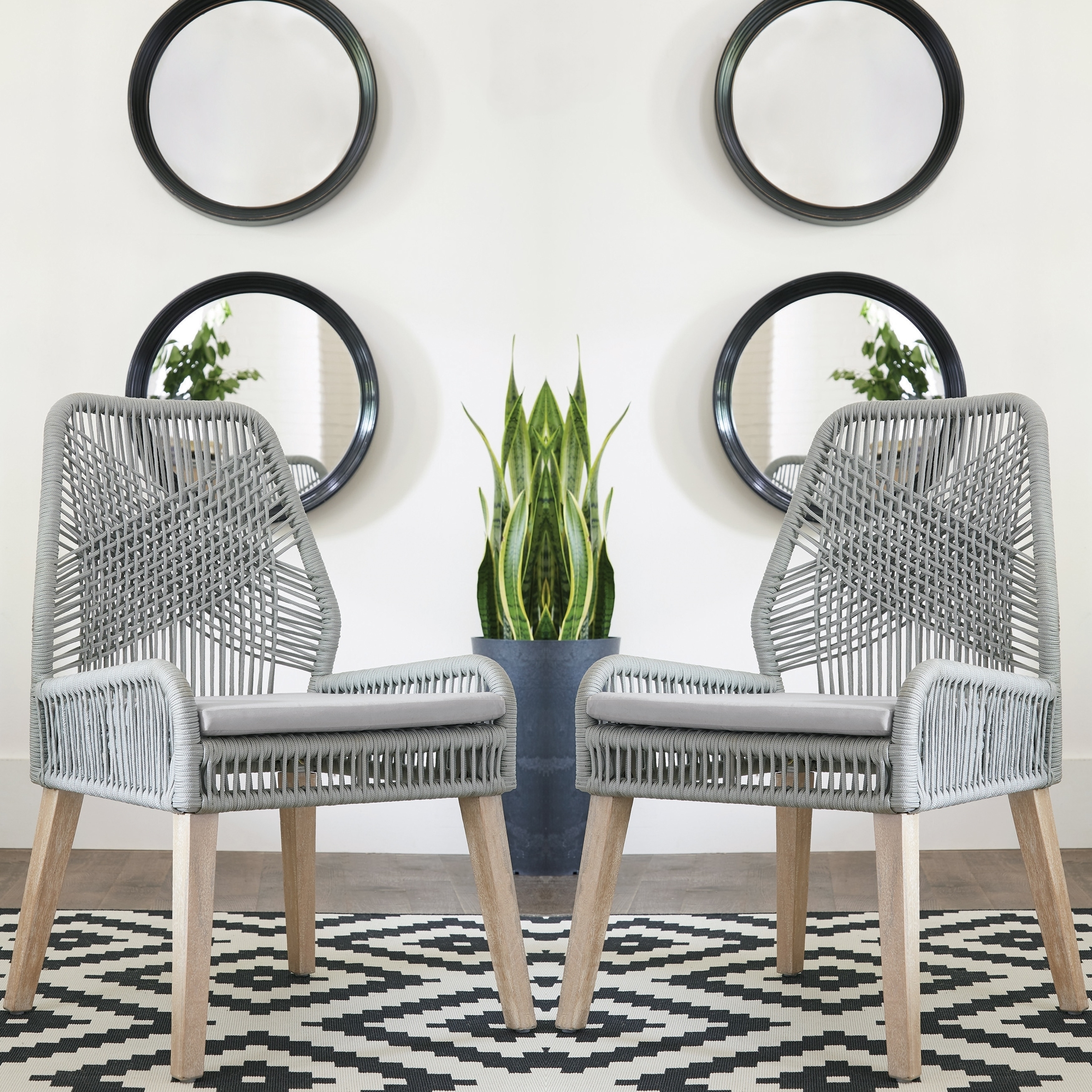 Exotic Hand Crafted Design Grey Woven Rope and Mango Wood Chairs (Set