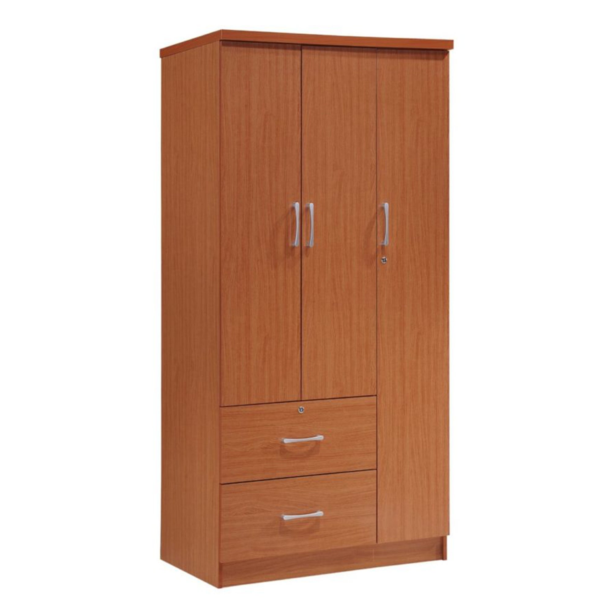 Hodedah Import 3 Door Armoire with Clothing Rod, Shelves, and 2 Drawer