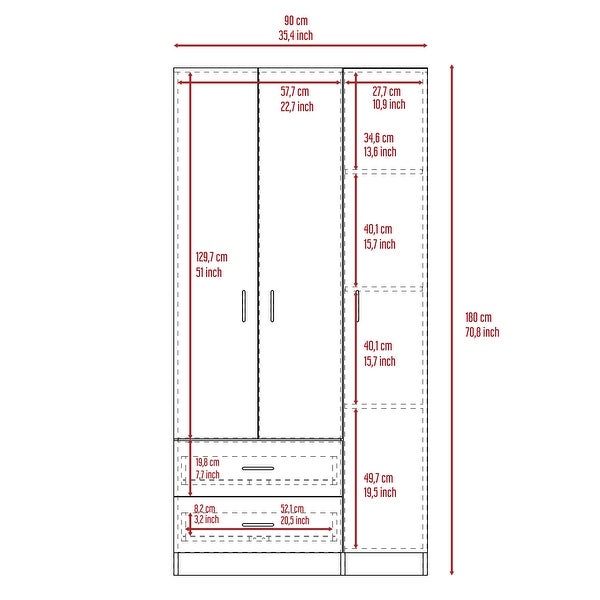 TUHOME Austral 3 Door Armoire with Drawers, Shelves, and Hanging Rod -