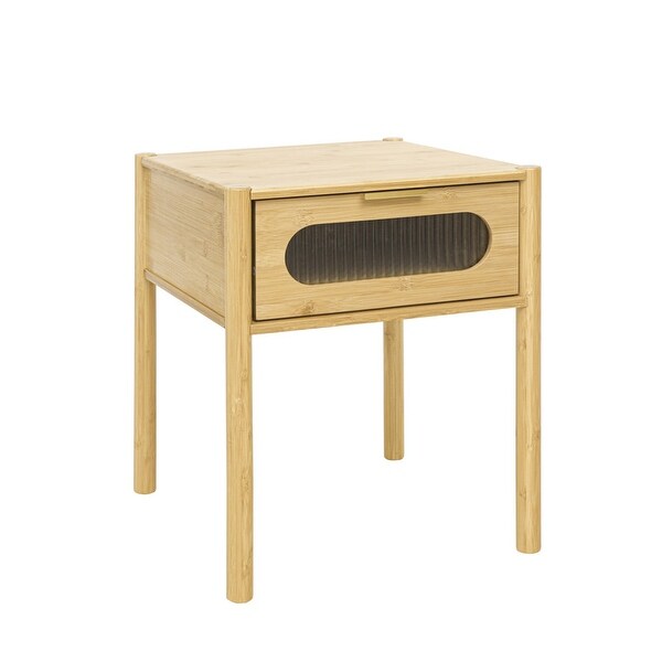 Natural bamboo nightstand, modern end table with 1 translucent drawer