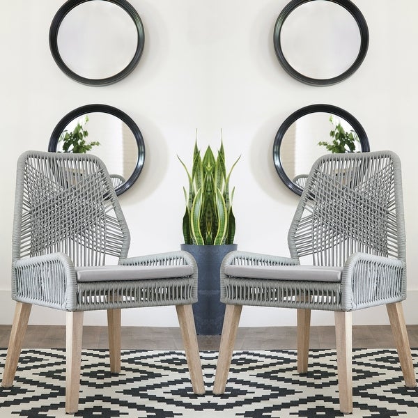 Exotic Hand Crafted Design Grey Woven Rope and Mango Wood Chairs (Set